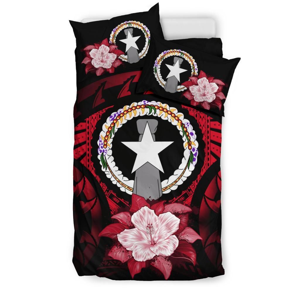 Northern Mariana Islands Duvet Cover Set - Northern Mariana Islands Flag & Red Hibiscus