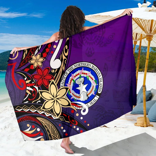Northern Mariana Islands Sarong - Tribal Flower With Special Turtles Purple Color
