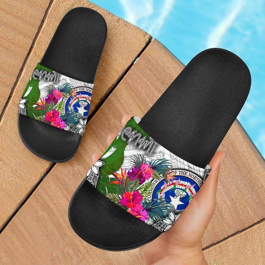 Northern Mariana Islands Slide Sandals - Turtle Plumeria Banana Leaf
