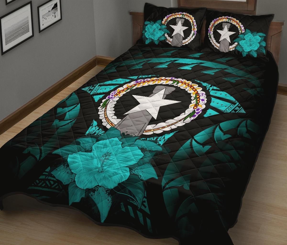 Northern Mariana Islands Polynesian Quilt Bed Set Hibiscus Turquoise