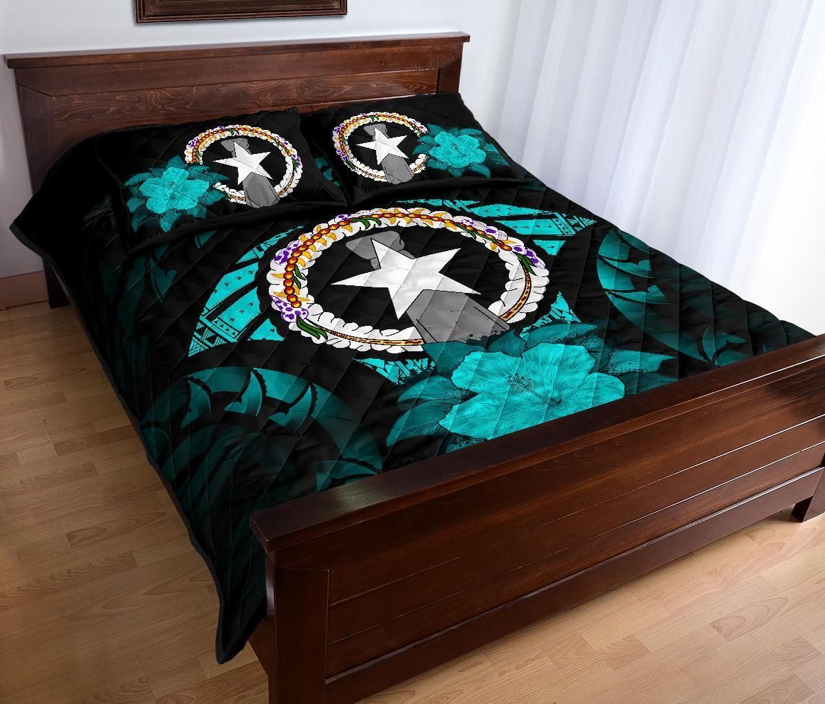 Northern Mariana Islands Polynesian Quilt Bed Set Hibiscus Turquoise
