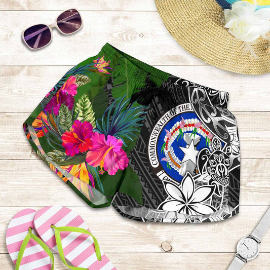Northern Mariana Islands Women Shorts - Turtle Plumeria Banana Leaf