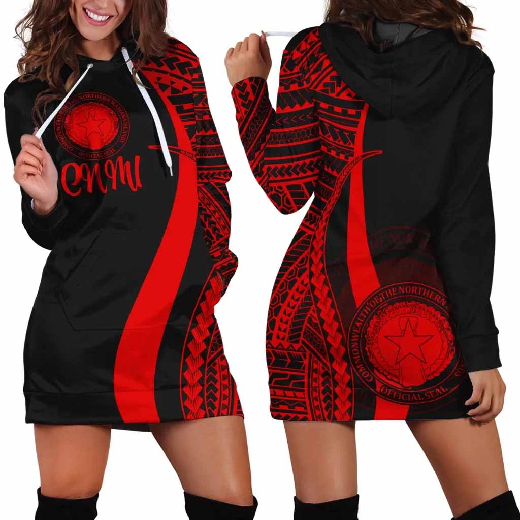 Northern Mariana Islands Female Hoodie Dress - Red Polynesian Tentacle Tribal Pattern