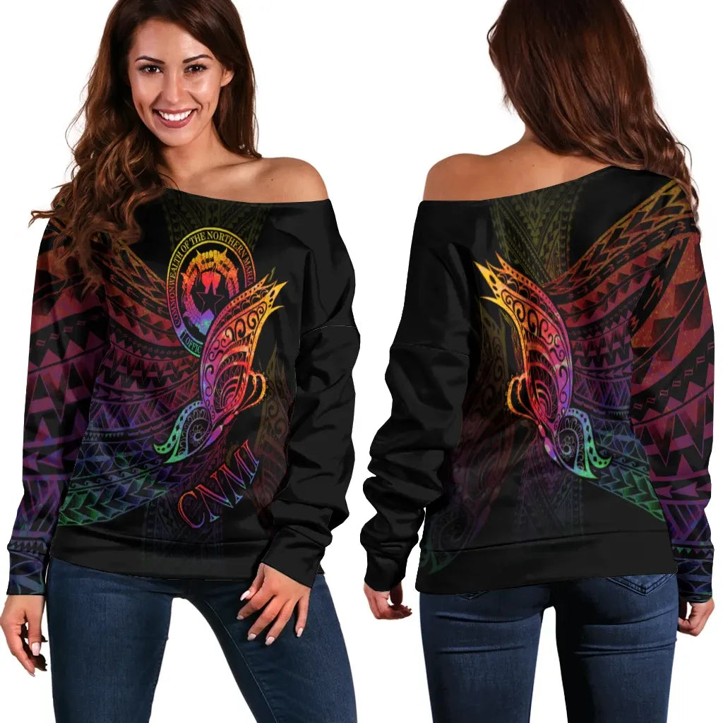 Northern Mariana Islands Women Off Shoulder Sweater - Butterfly Polynesian Style