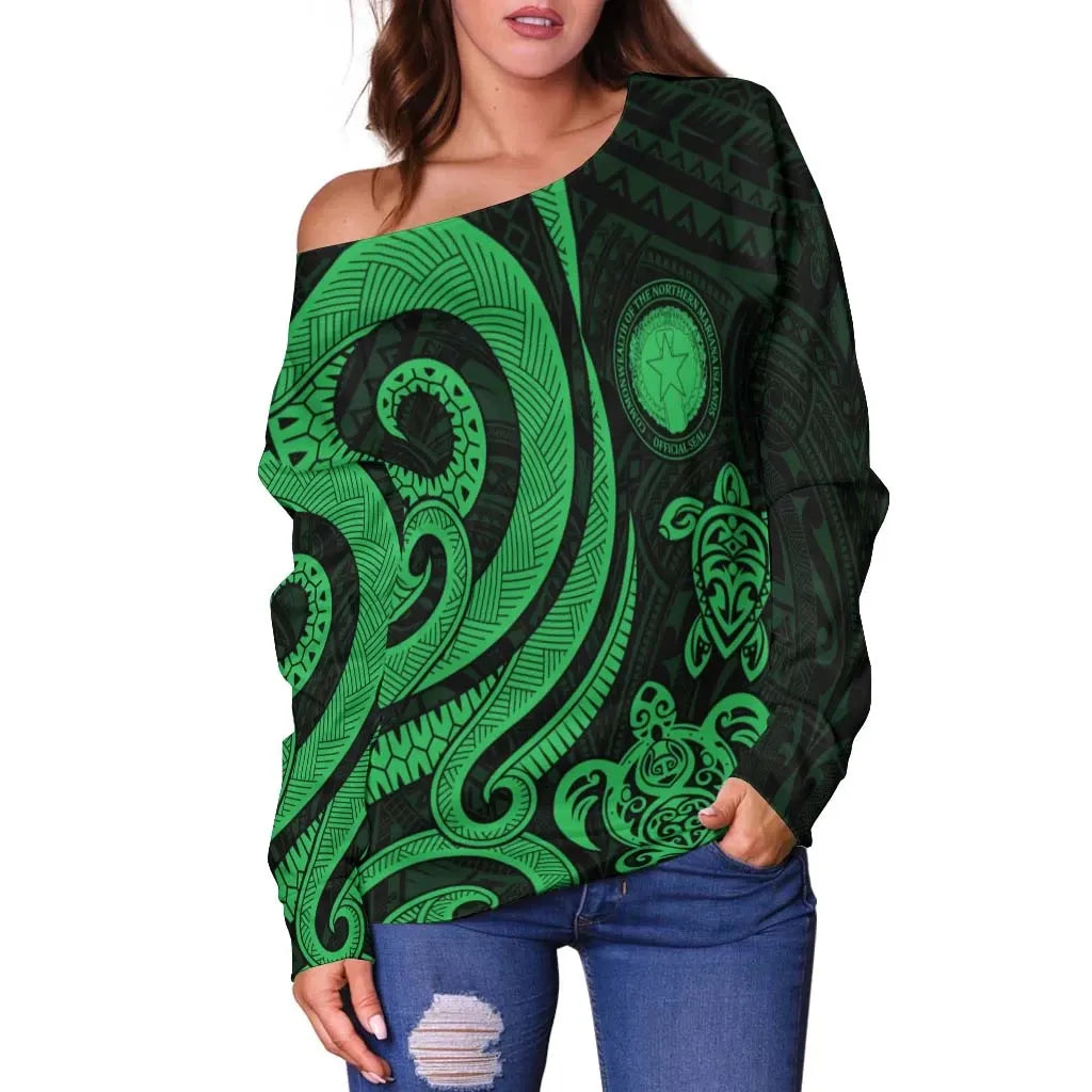 Northern Mariana Islands Women Off Shoulder Sweater - Green Tentacle Turtle