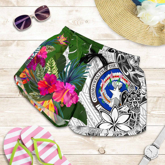Northern Mariana Islands Women Shorts White - Turtle Plumeria Banana Leaf