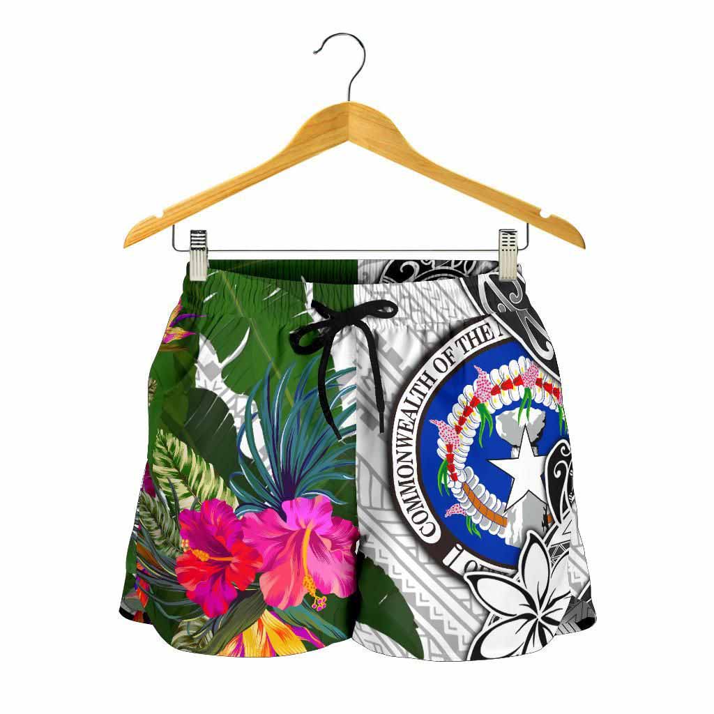 Northern Mariana Islands Women Shorts White - Turtle Plumeria Banana Leaf