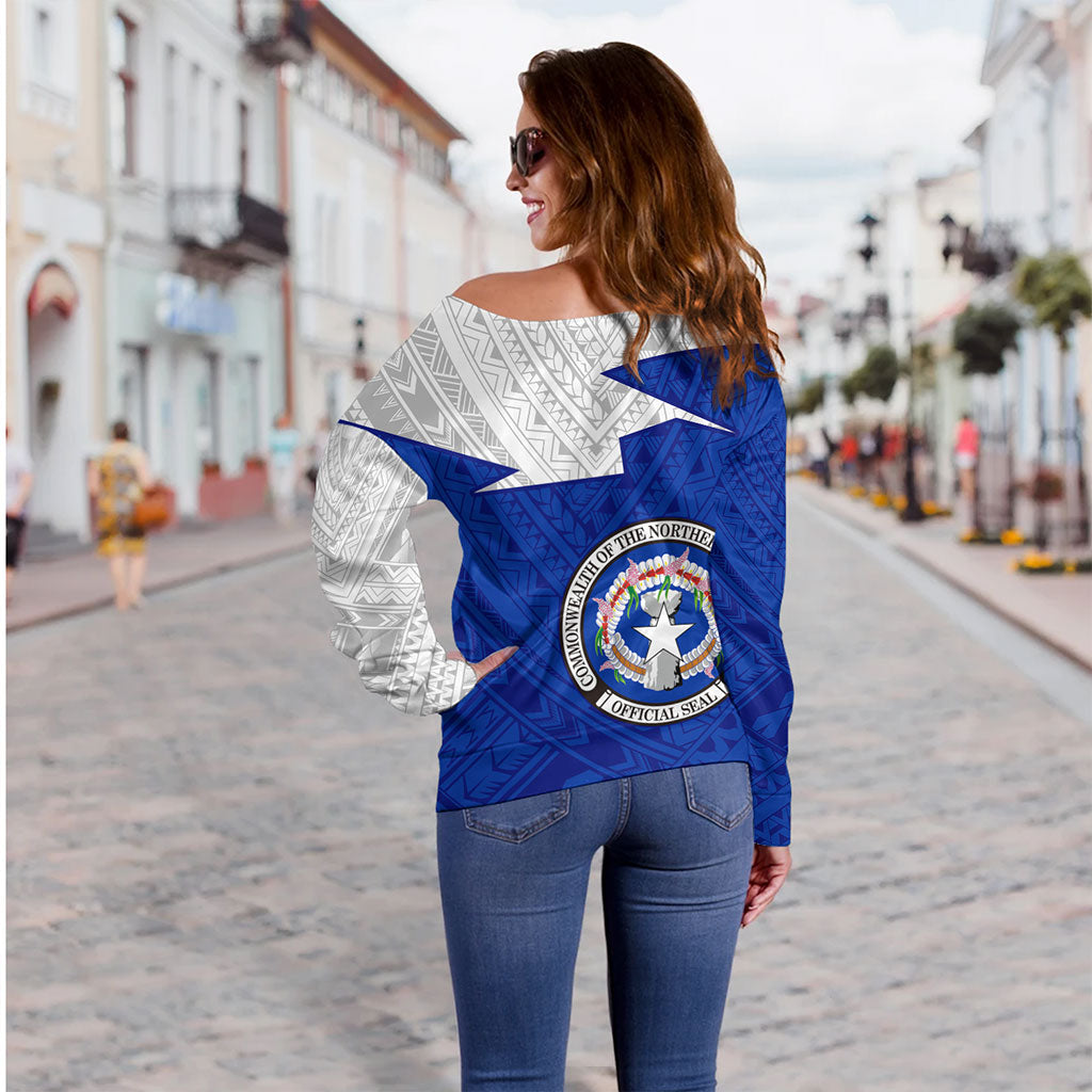 Northern Mariana Islands Off Shoulder Sweatshirt Polynesian Tattoo Flag And Coat Of Arms