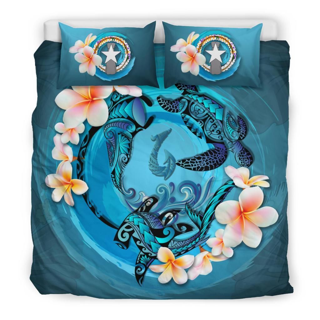 Polynesian Duvet Cover Set - Northern Mariana Islands Bedding Set Blue Plumeria Animal Tattoo