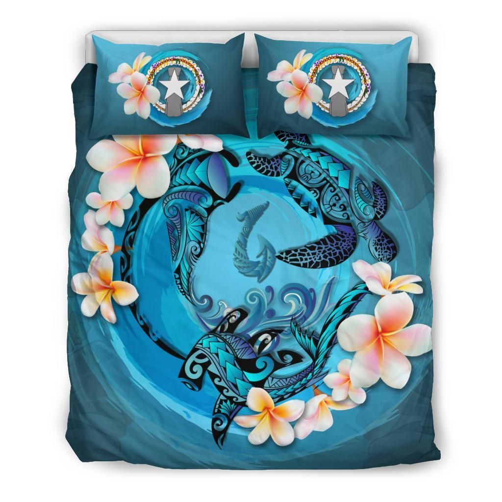 Polynesian Duvet Cover Set - Northern Mariana Islands Bedding Set Blue Plumeria Animal Tattoo
