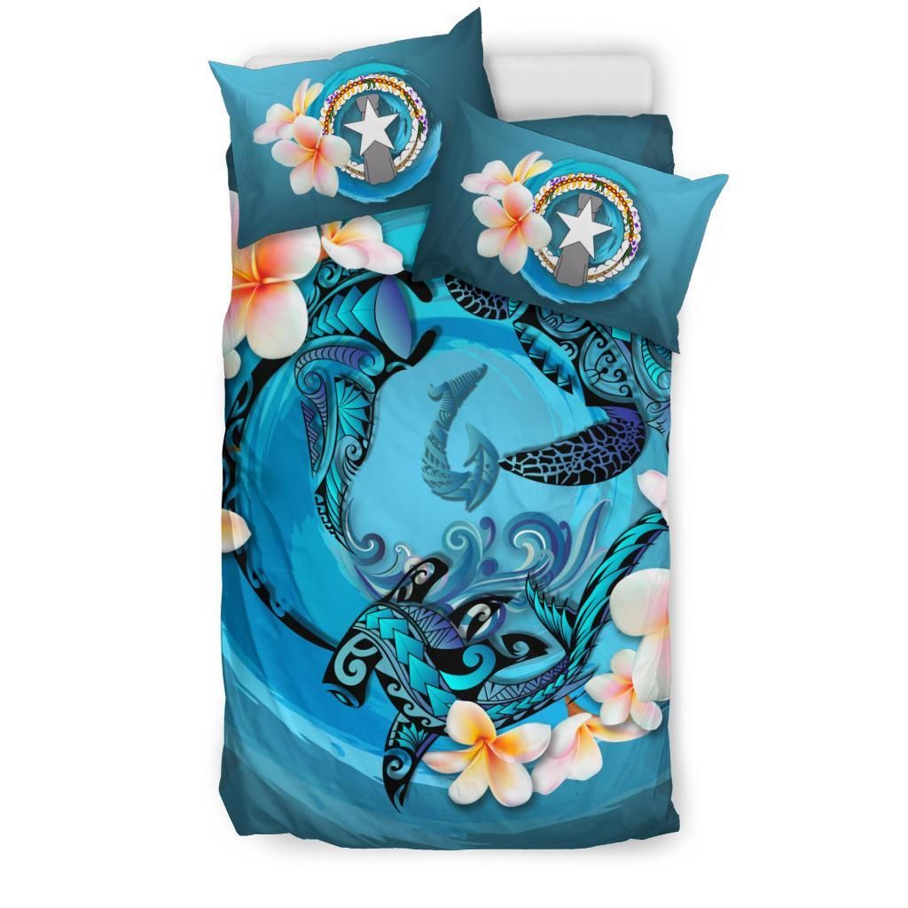 Polynesian Duvet Cover Set - Northern Mariana Islands Bedding Set Blue Plumeria Animal Tattoo