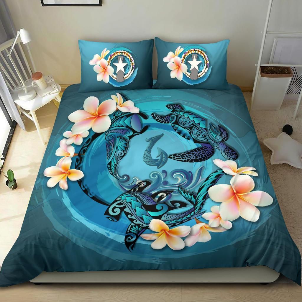 Polynesian Duvet Cover Set - Northern Mariana Islands Bedding Set Blue Plumeria Animal Tattoo