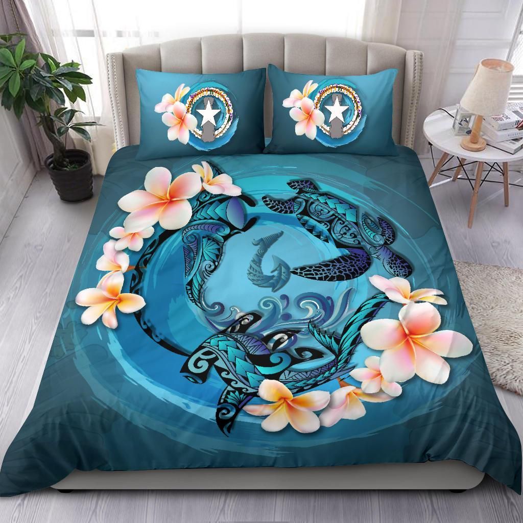 Polynesian Duvet Cover Set - Northern Mariana Islands Bedding Set Blue Plumeria Animal Tattoo
