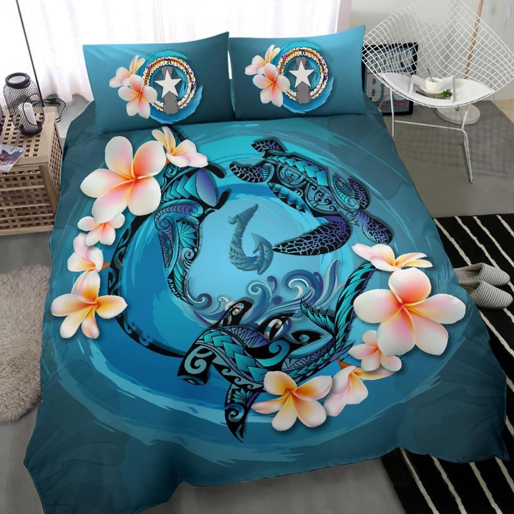Polynesian Duvet Cover Set - Northern Mariana Islands Bedding Set Blue Plumeria Animal Tattoo