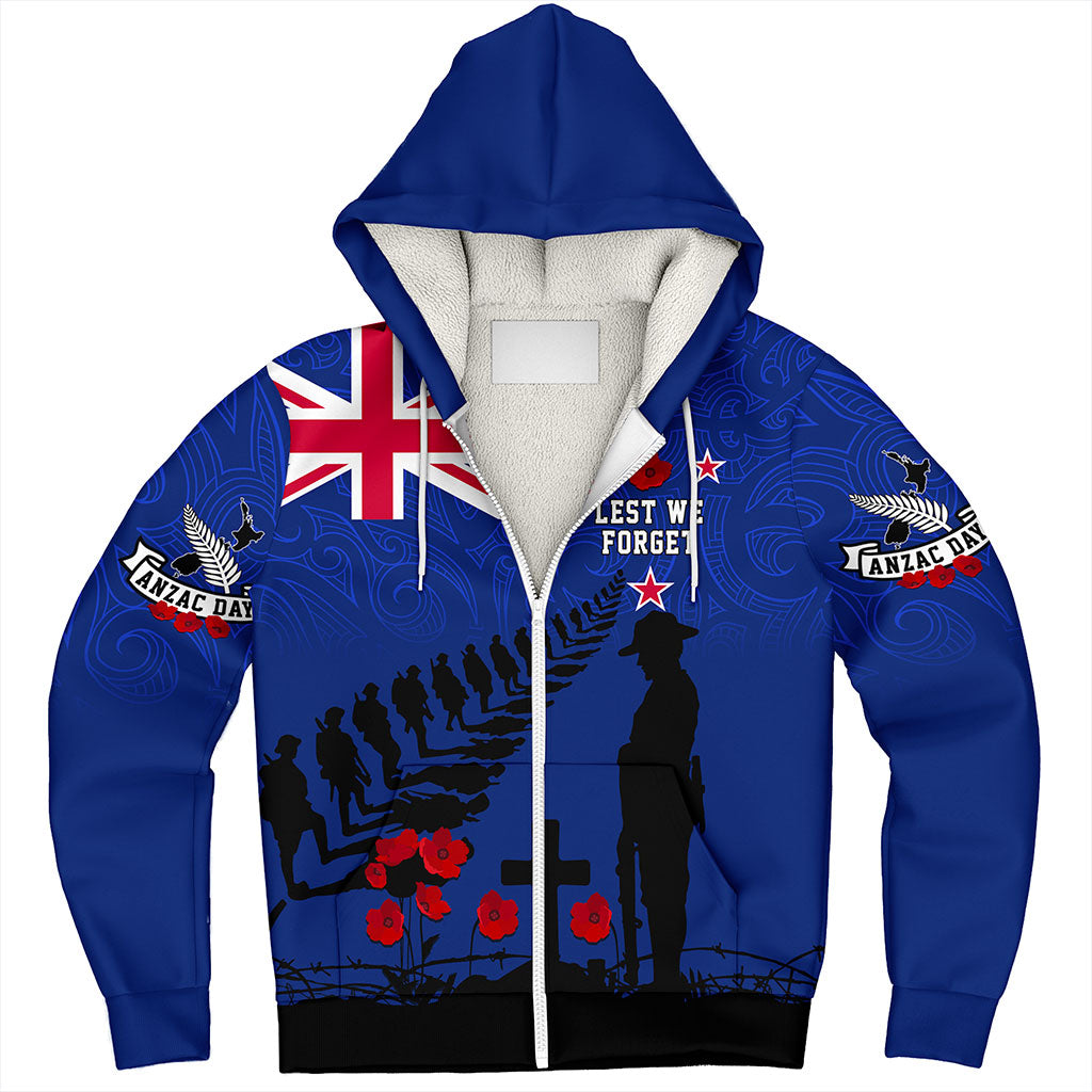 New Zealand Sherpa Hoodie Flag Maori Pattern Solider Fern Lest We Forget