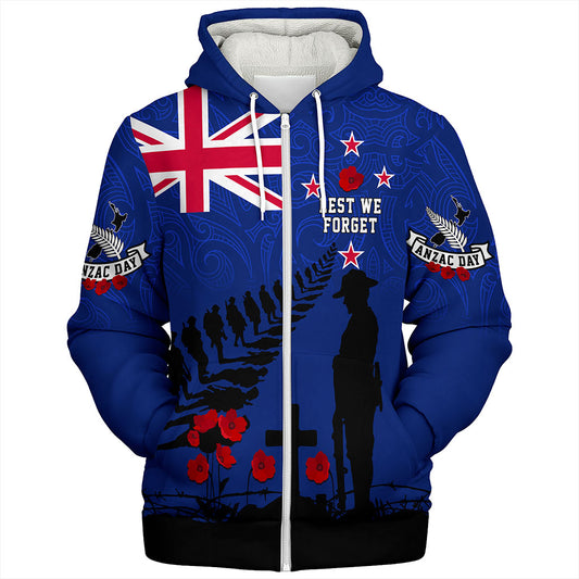 New Zealand Sherpa Hoodie Flag Maori Pattern Solider Fern Lest We Forget