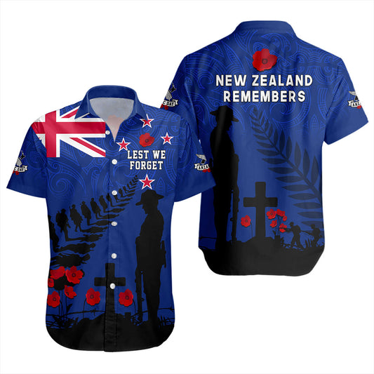 New Zealand Short Sleeve Shirt Flag Maori Pattern Solider Fern Lest We Forget