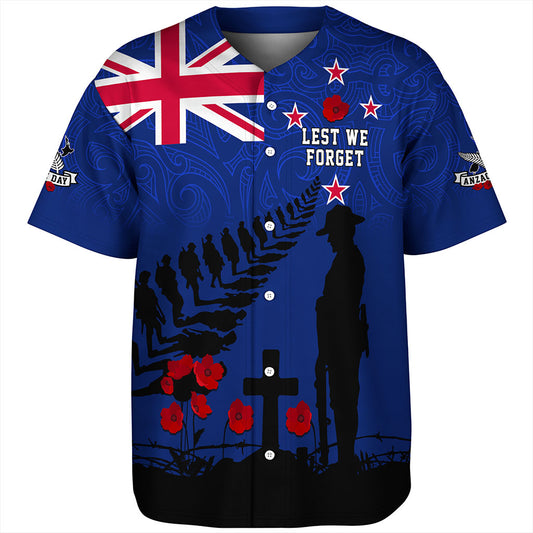 New Zealand Baseball Shirt Flag Maori Pattern Solider Fern Lest We Forget