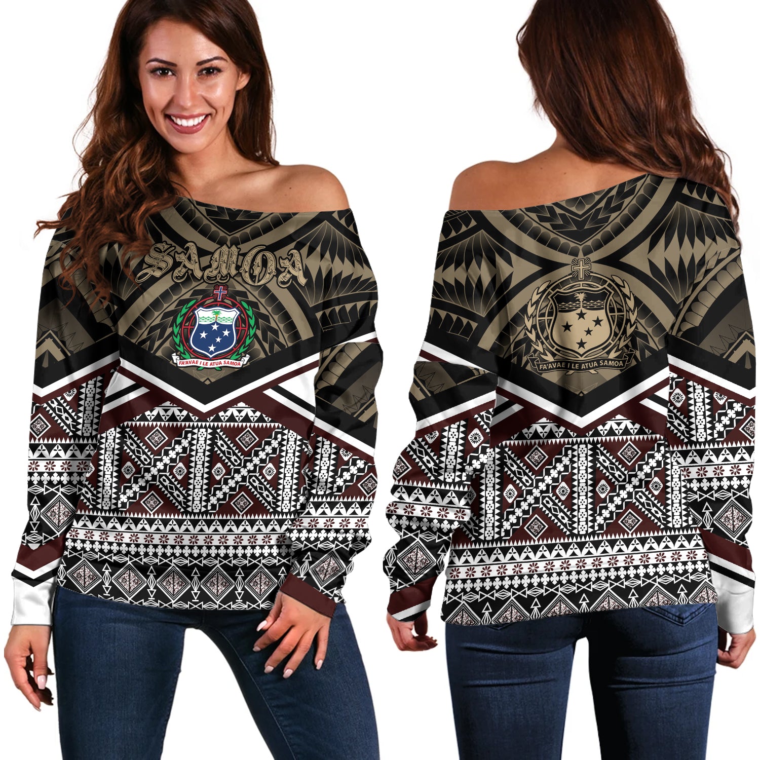 Samoa Off Shoulder Sweatshirt - Samoa Masi Dobby Coat Of Arms