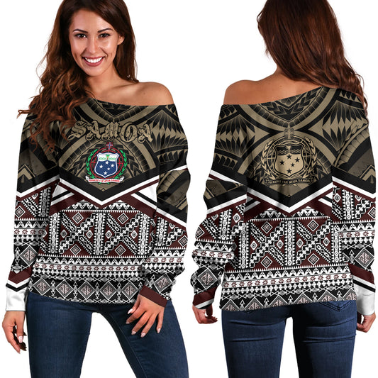Samoa Off Shoulder Sweatshirt - Samoa Masi Dobby Coat Of Arms