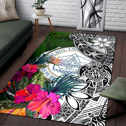 Palau Area Rug White - Turtle Plumeria Banana Leaf Crest