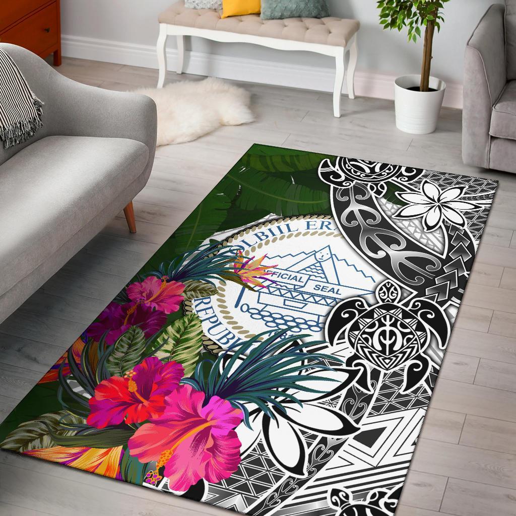 Palau Area Rug White - Turtle Plumeria Banana Leaf Crest