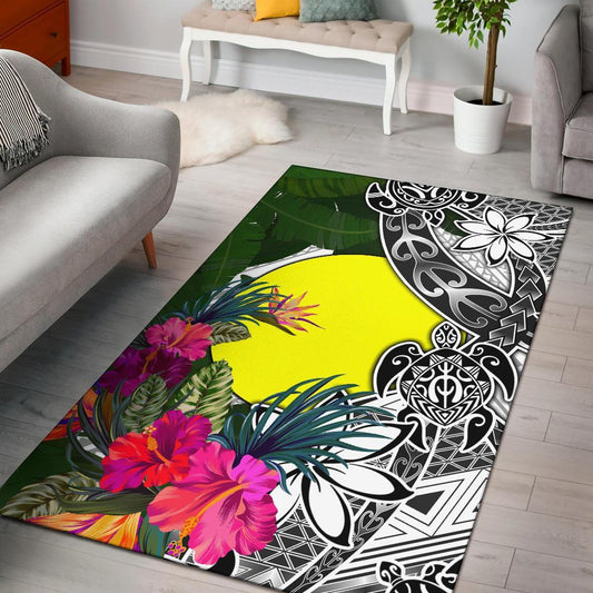 Palau Area Rug White - Turtle Plumeria Banana Leaf