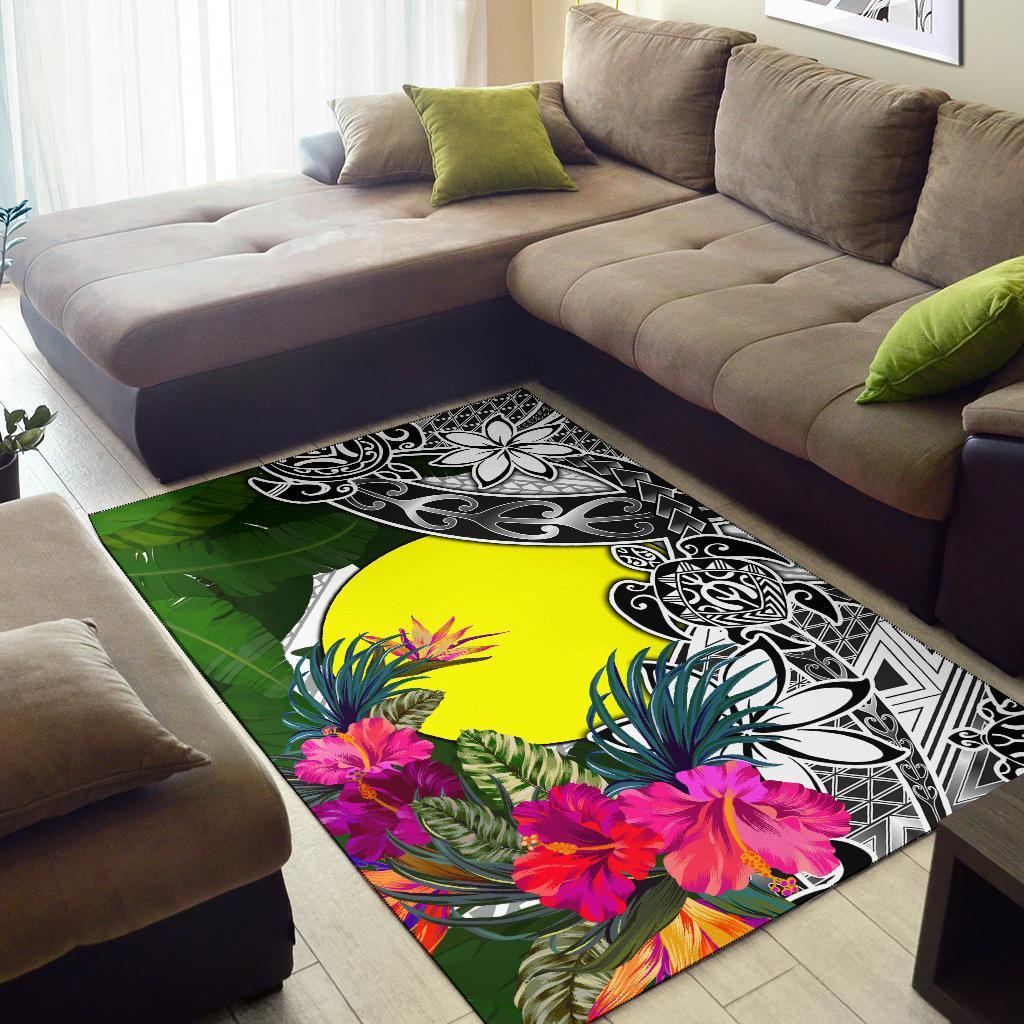 Palau Area Rug White - Turtle Plumeria Banana Leaf