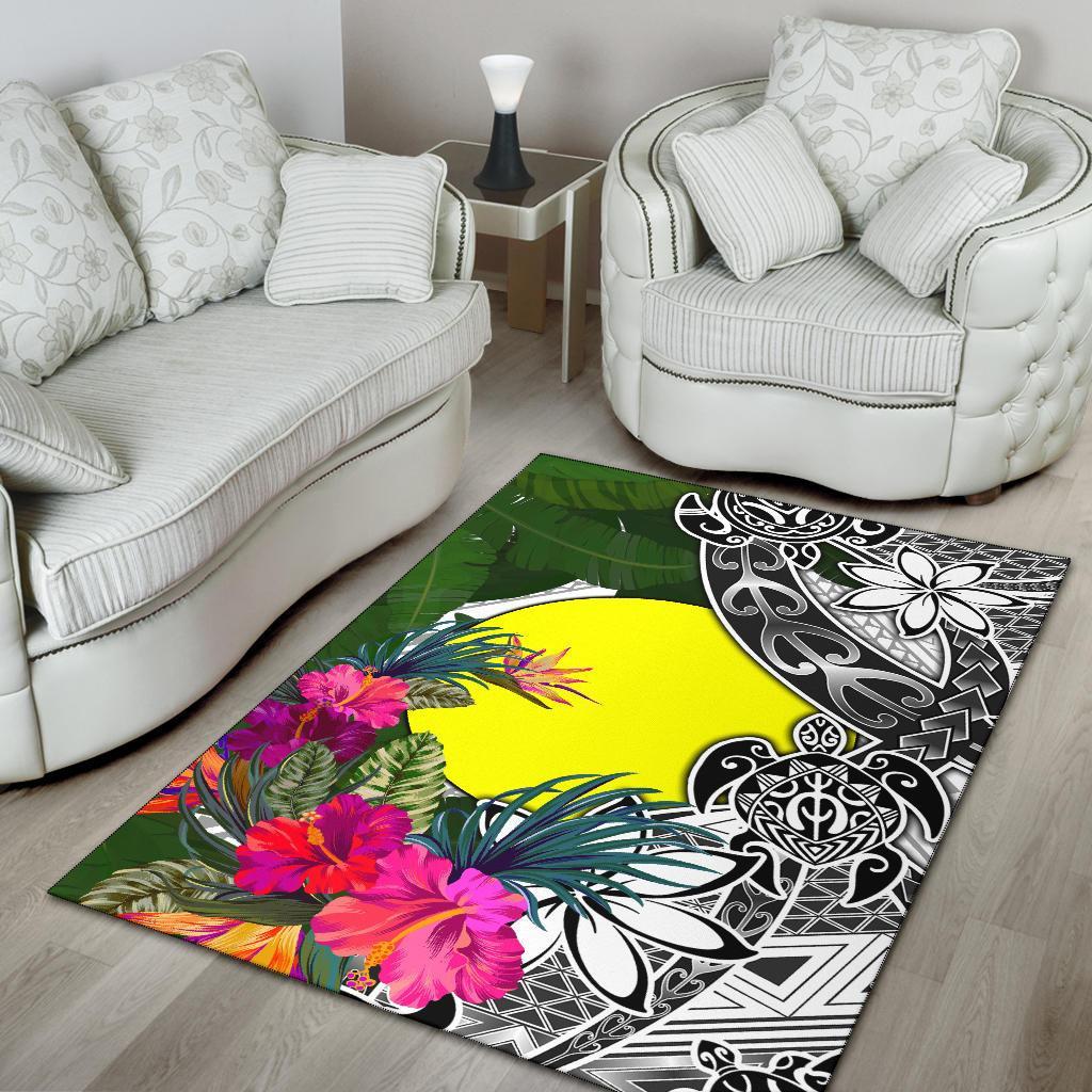 Palau Area Rug White - Turtle Plumeria Banana Leaf