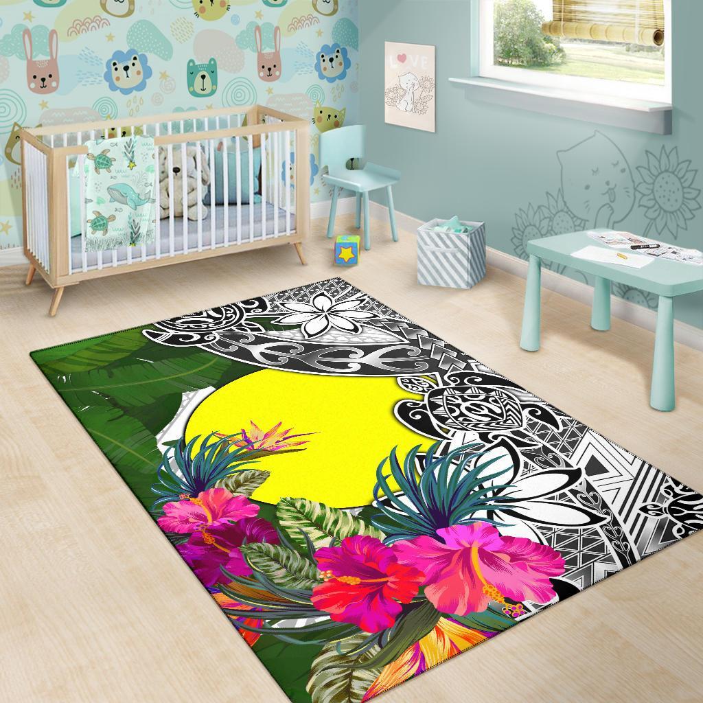 Palau Area Rug White - Turtle Plumeria Banana Leaf