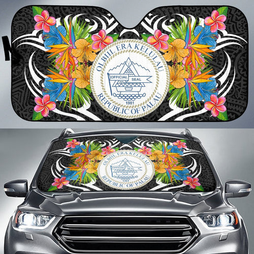Palau Auto Sun Shades - Coat Of Arms With Tropical Flowers