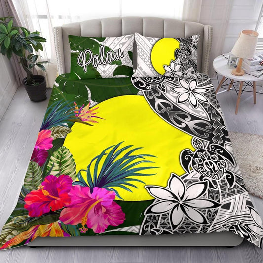 Palau Bedding Set White - Turtle Plumeria Banana Leaf