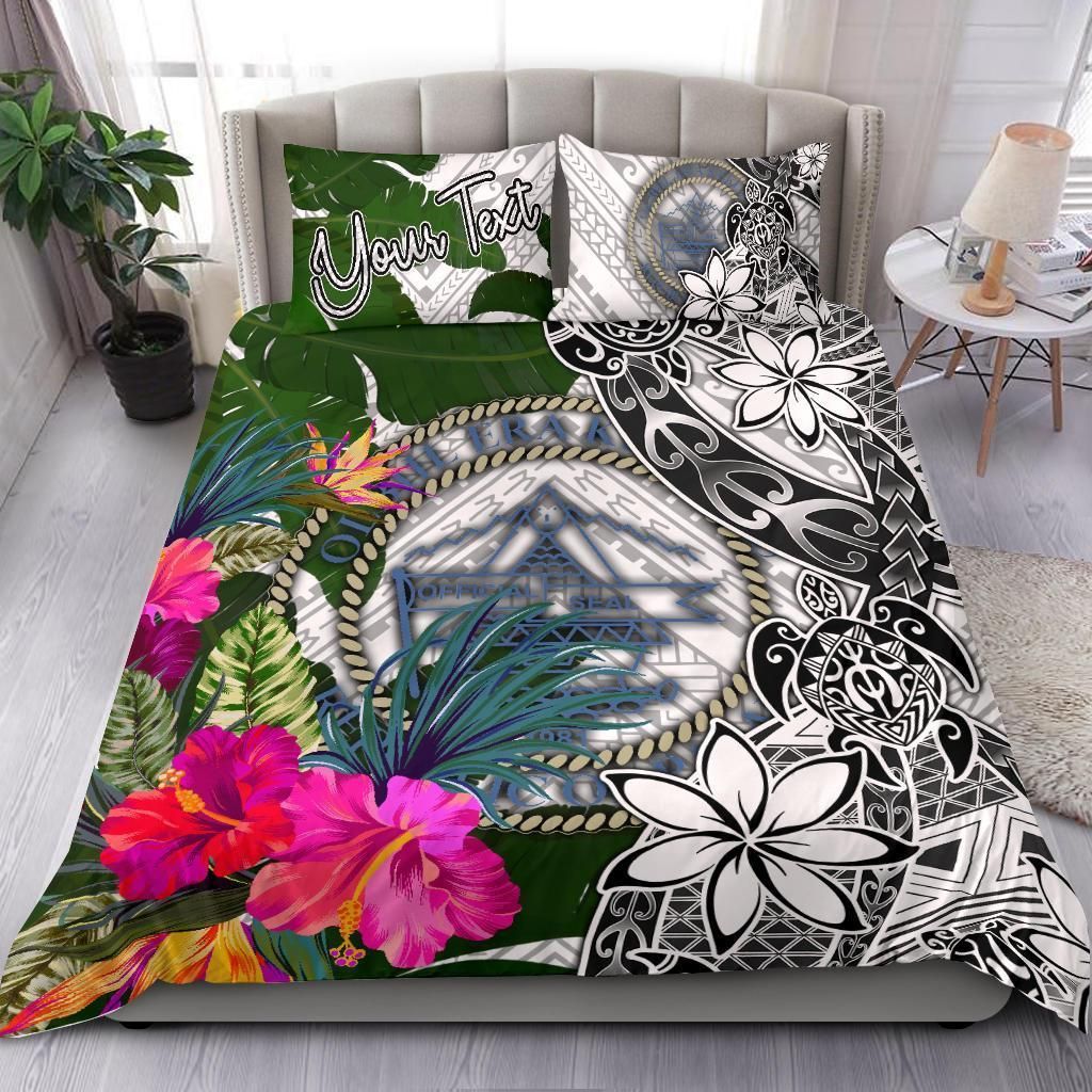 Palau Custom Personalised Bedding Set White - Turle Plumeria Banana Leaf Crest