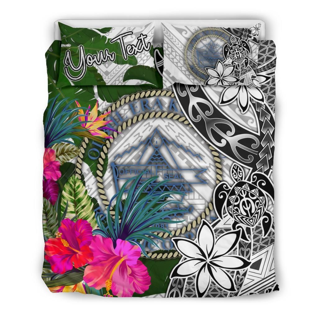 Palau Custom Personalised Bedding Set White - Turle Plumeria Banana Leaf Crest