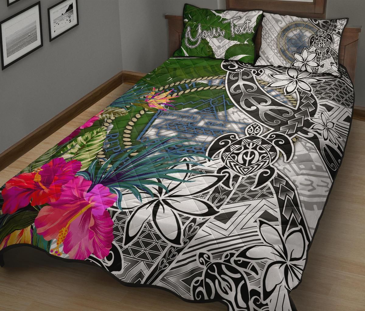 Palau Custom Personalised Quilt Bed Set White - Turtle Plumeria Banana Leaf Crest