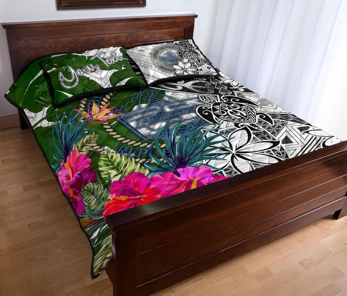 Palau Custom Personalised Quilt Bed Set White - Turtle Plumeria Banana Leaf Crest