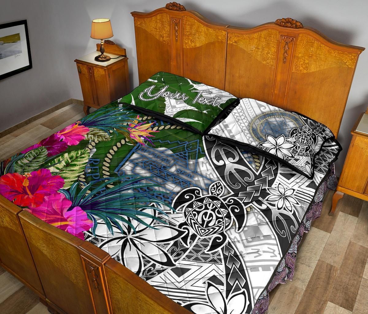 Palau Custom Personalised Quilt Bed Set White - Turtle Plumeria Banana Leaf Crest