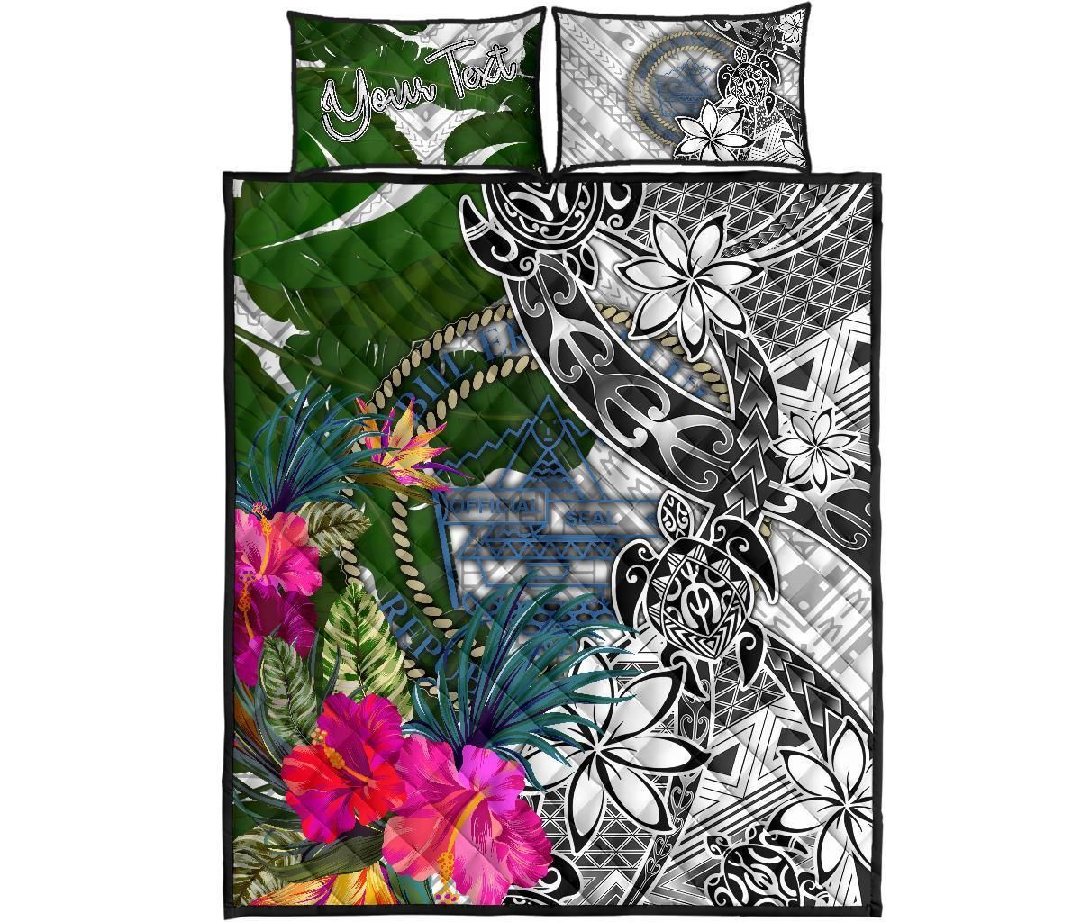 Palau Custom Personalised Quilt Bed Set White - Turtle Plumeria Banana Leaf Crest