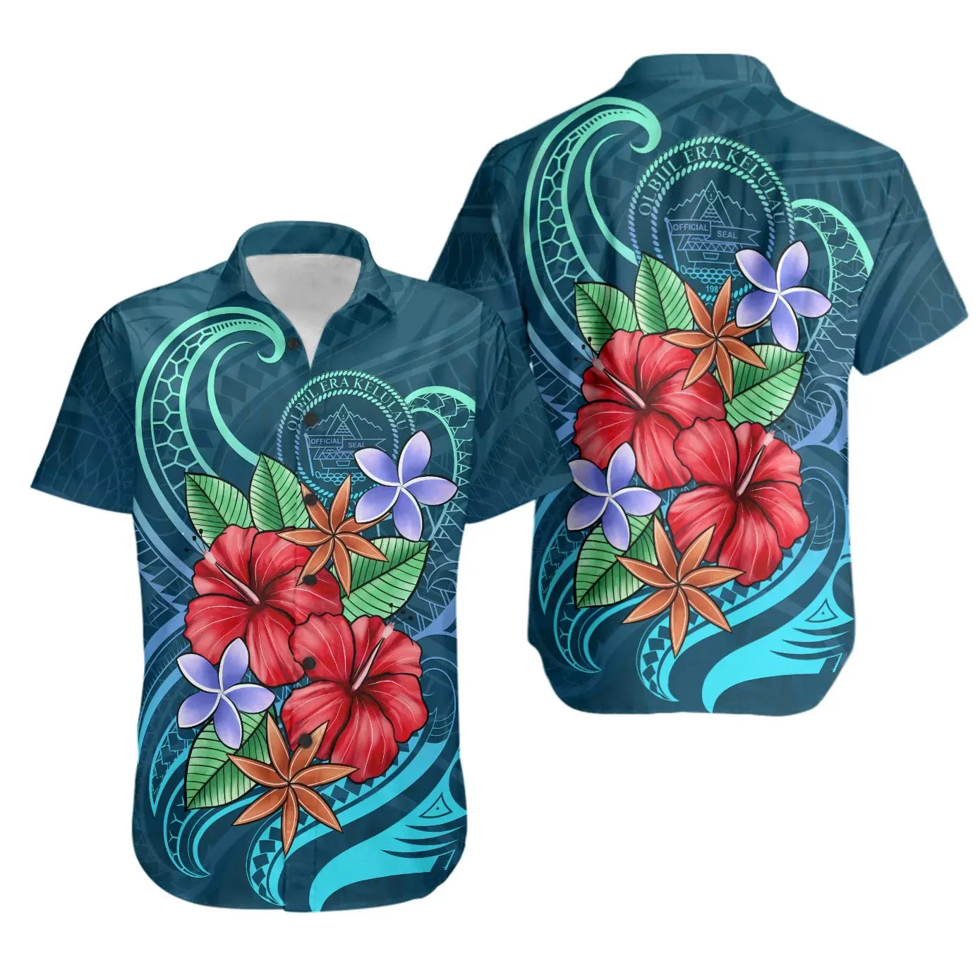 Palau Short Sleeve Shirt - Blue Pattern With Tropical Flowers