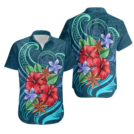 Palau Short Sleeve Shirt - Blue Pattern With Tropical Flowers