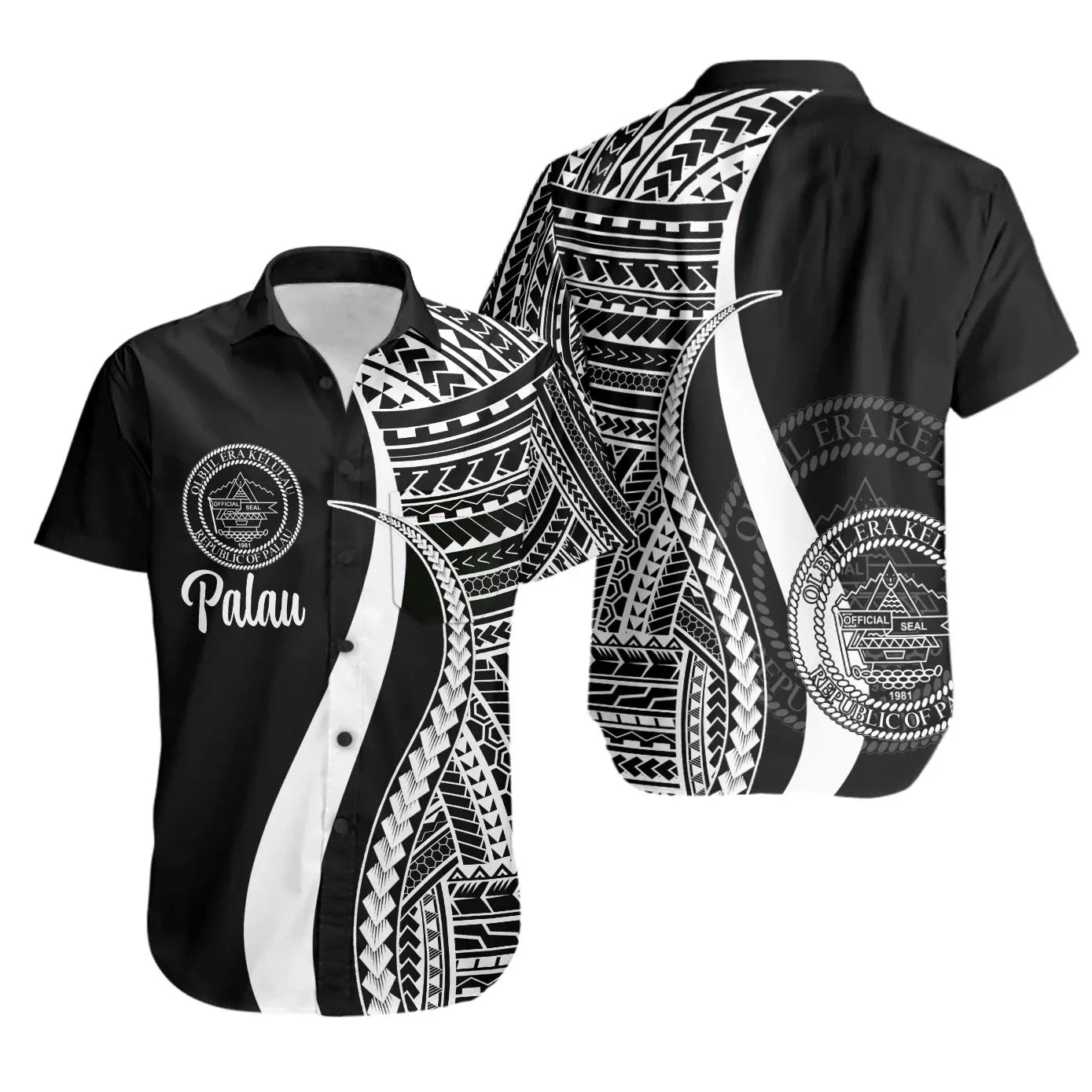 Palau Short Sleeve Shirt - White Polynesian Tentacle Tribal Pattern Crest
