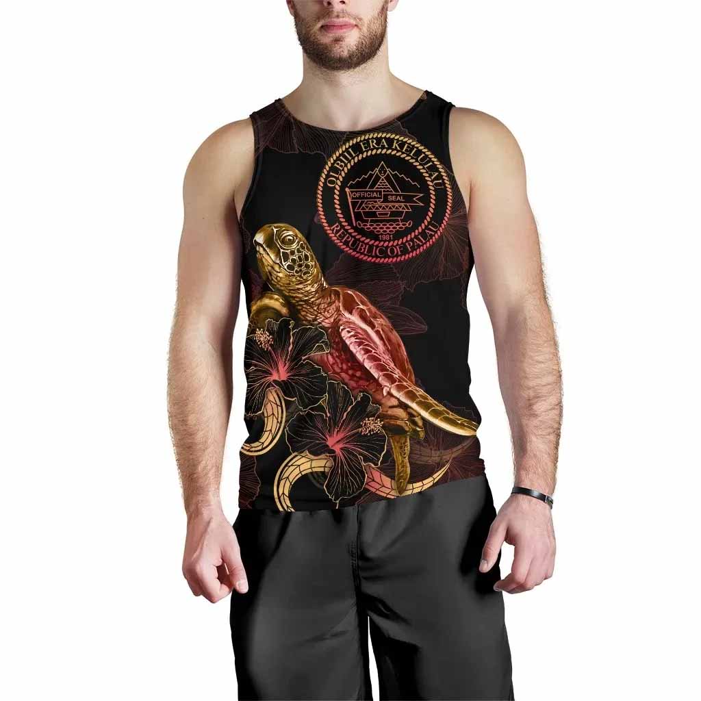 Palau Men Tank Top - Turtle With Blooming Hibiscus Gold
