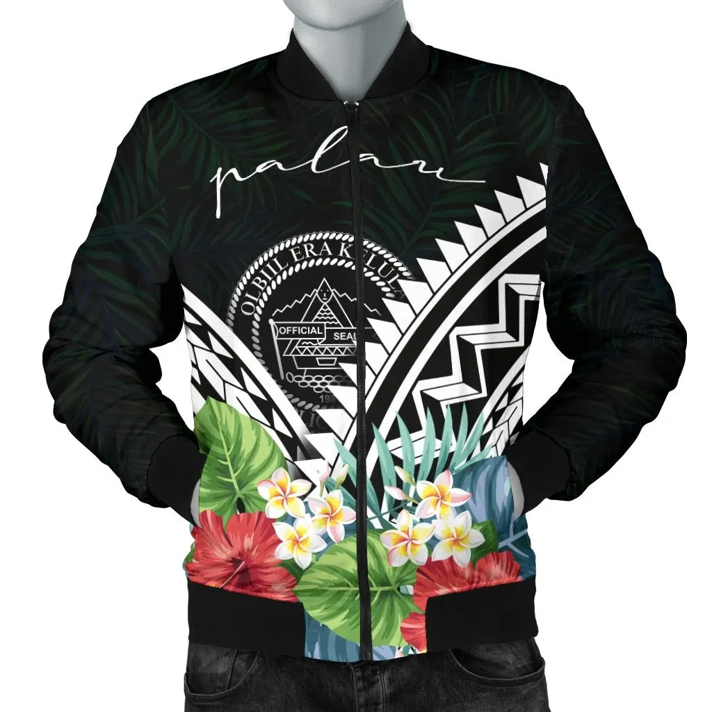 Palau Bomber Jacket - Palau Caledonia Coat of Arms & Polynesian Tropical Flowers White