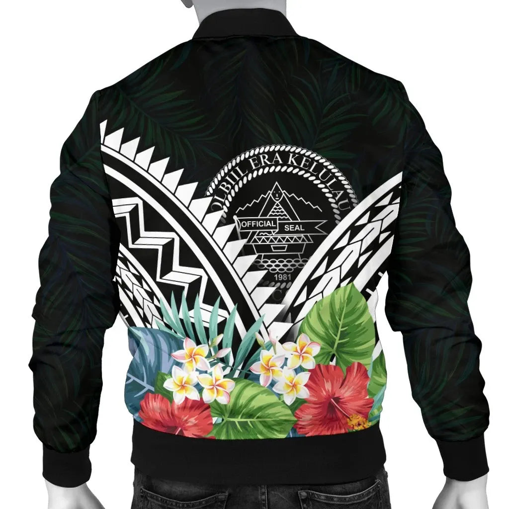 Palau Bomber Jacket - Palau Caledonia Coat of Arms & Polynesian Tropical Flowers White