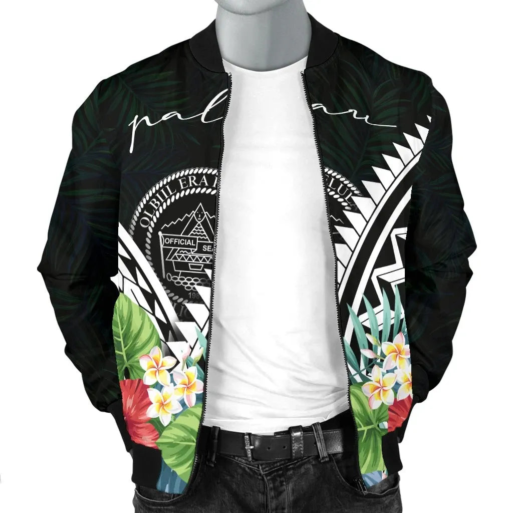 Palau Bomber Jacket - Palau Caledonia Coat of Arms & Polynesian Tropical Flowers White