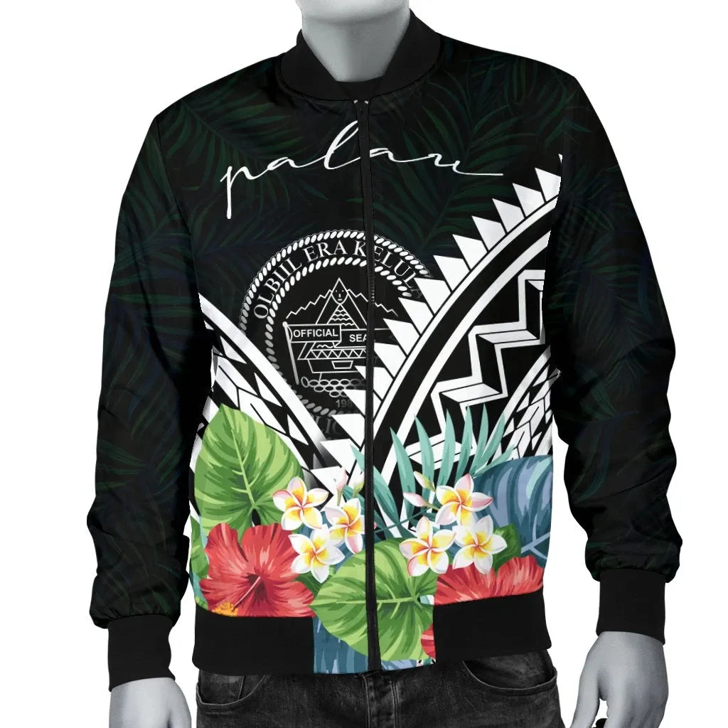 Palau Bomber Jacket - Palau Caledonia Coat of Arms & Polynesian Tropical Flowers White