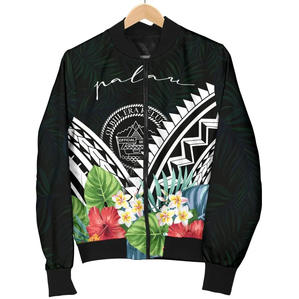 Palau Bomber Jacket - Palau Caledonia Coat of Arms & Polynesian Tropical Flowers White