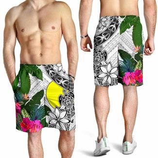 Palau Men Short White - Turtle Plumeria Banana Leaf