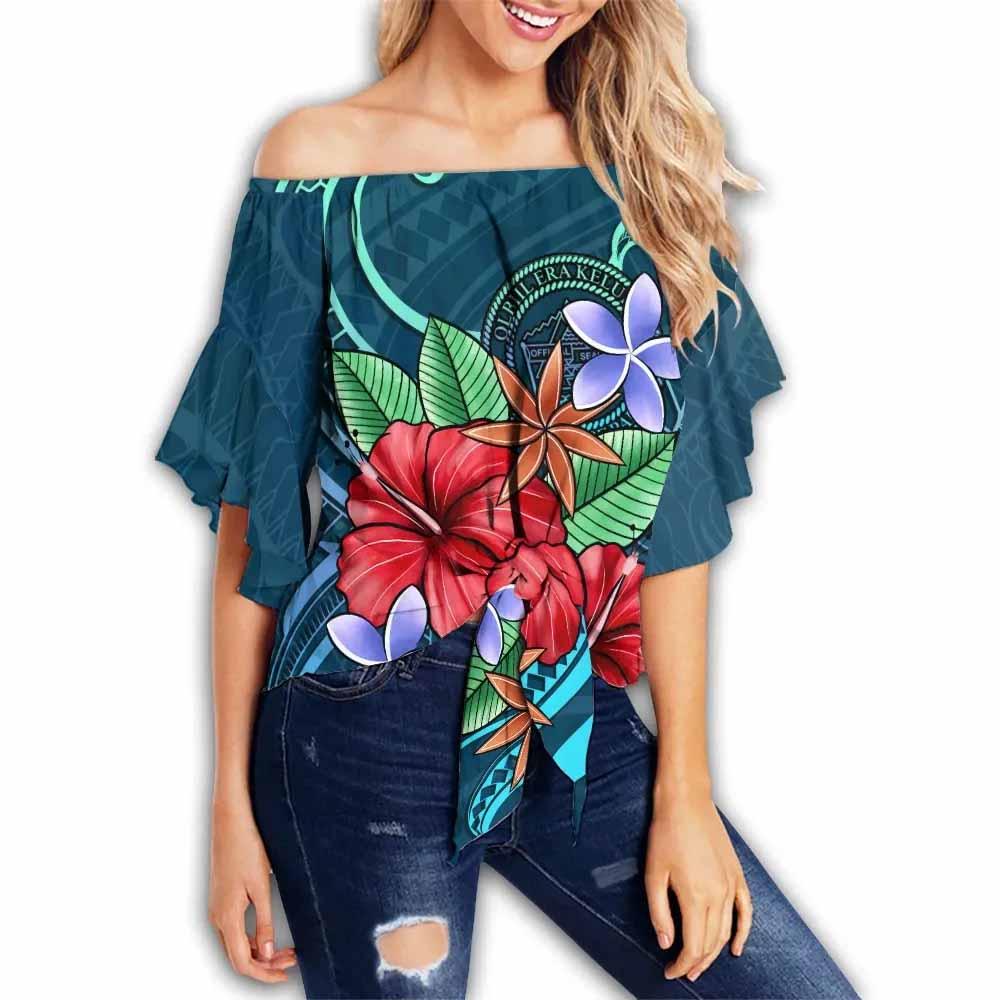 Palau Off Shoulder Wrap Waist Top - Blue Pattern With Tropical Flowers