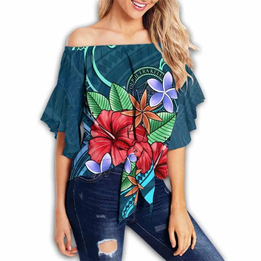 Palau Off Shoulder Wrap Waist Top - Blue Pattern With Tropical Flowers